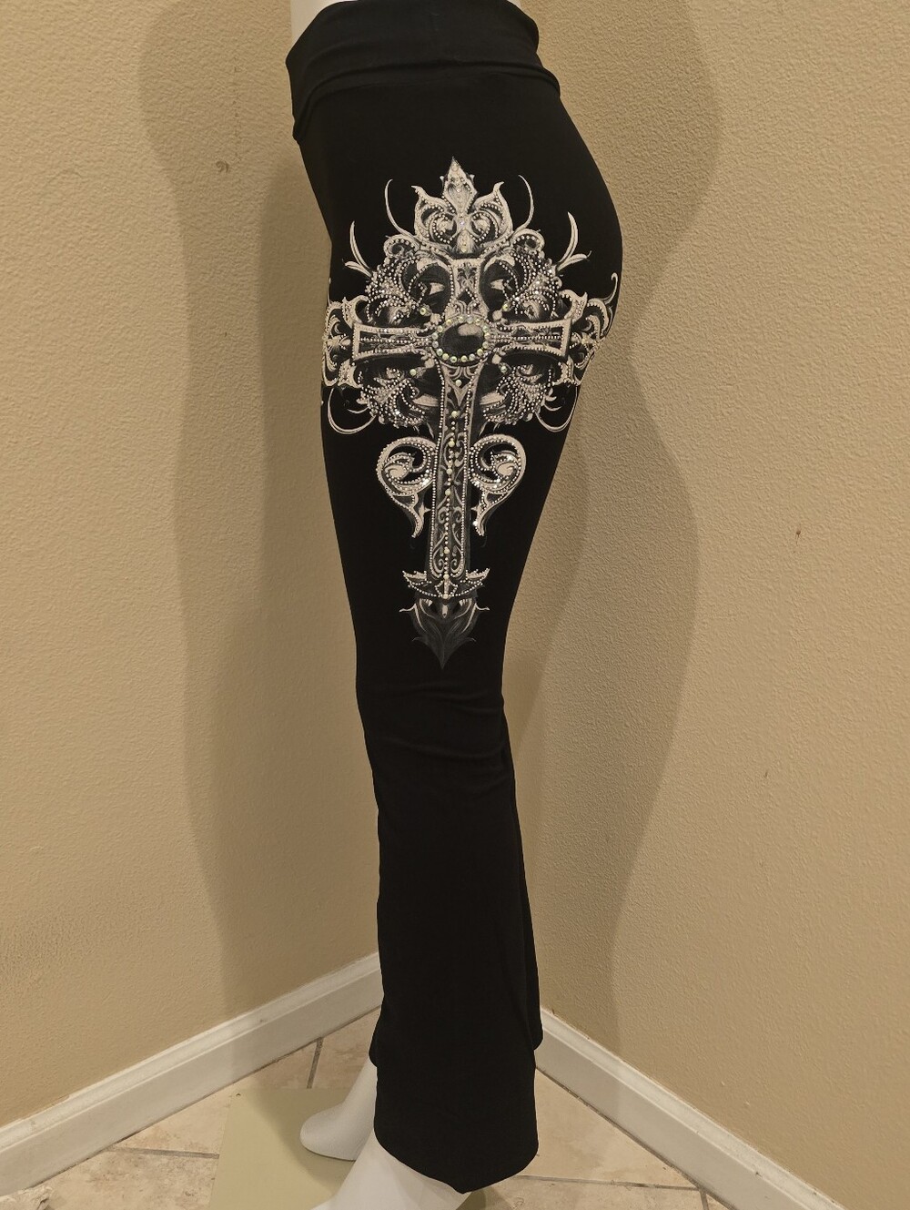 Black Leggings with White Ornate Cross Print - Women